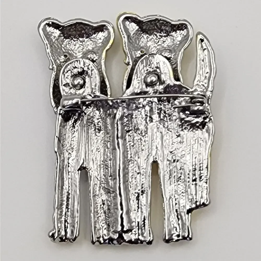 Schnauzer Dog Brooch Moving Heads Gold Tone & Silver Tone Metal Rhinestone Trim